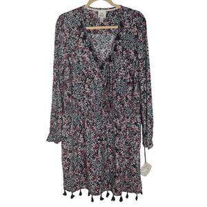 Knox Rose XL Floral Print Boho Dress Drop Waist Tassel Trim Long Sleeve